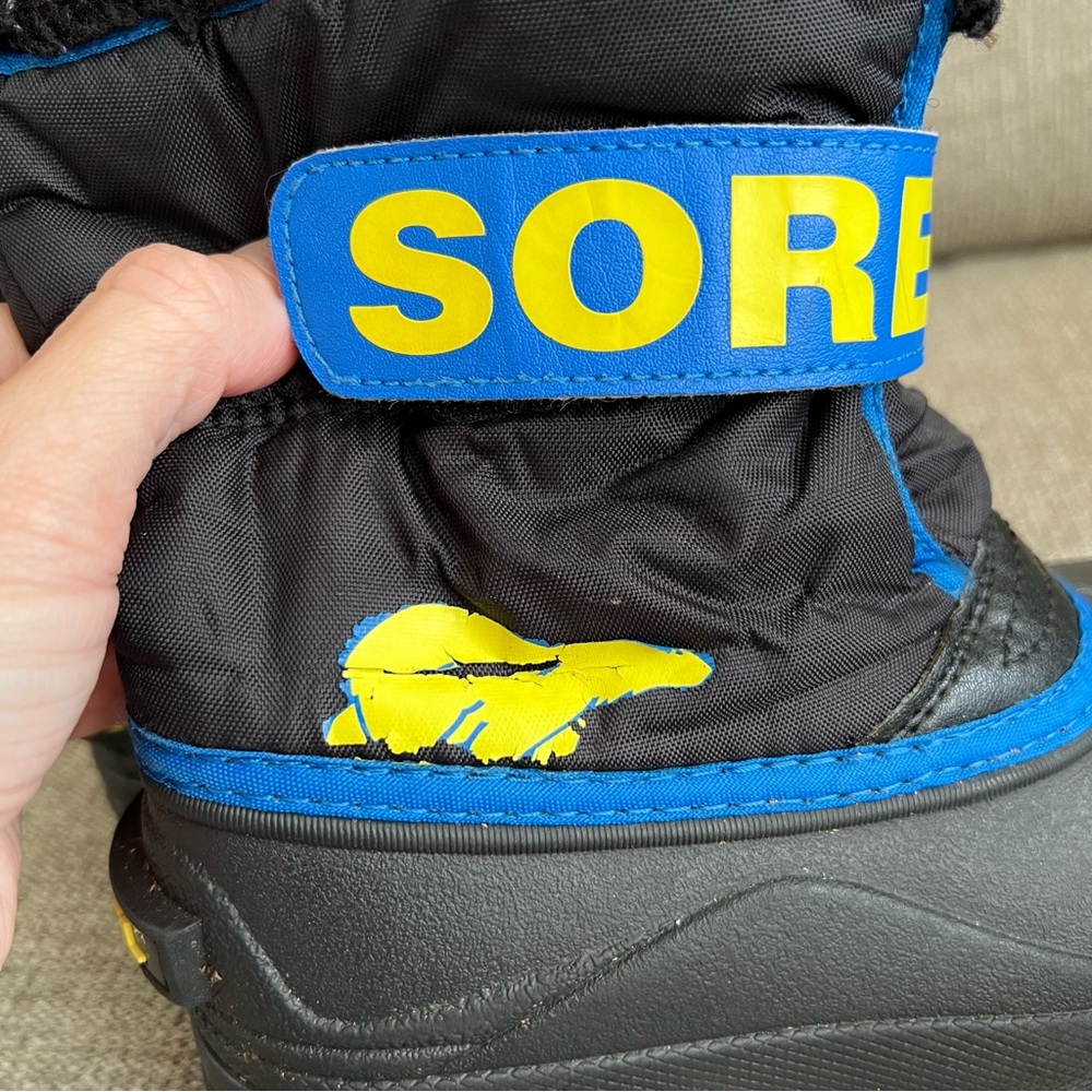 Kid’s Sorel Winter Snow Boots Toddler Boy 12 Black Blue Yellow Faux Fur - Picture 10 of 12